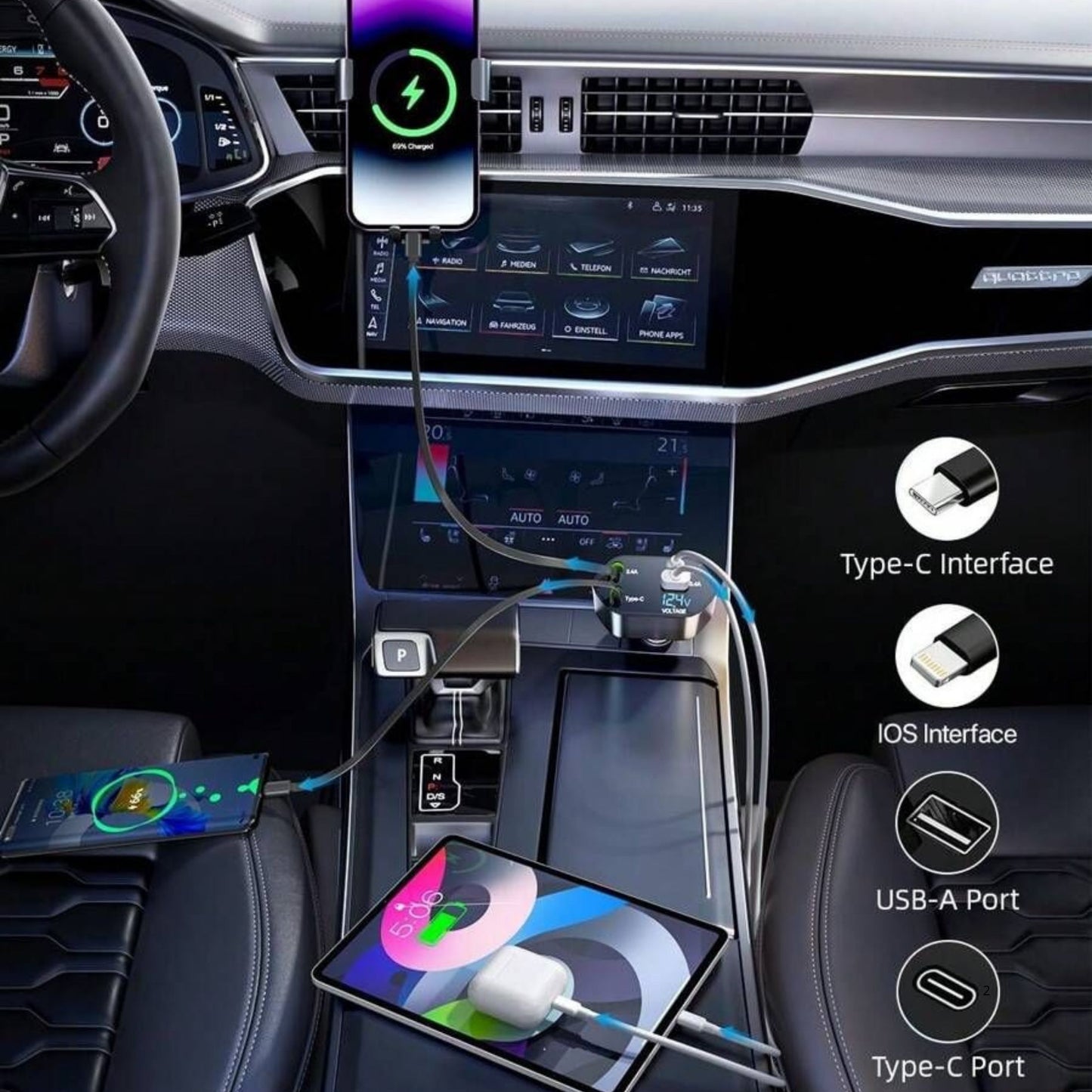 Fast Car Charger 4-in-1 Retractable Cable USB-C & iPhone Multi Device Charging