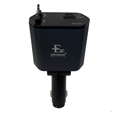 Fast Car Charger 4-in-1 Retractable Cable USB-C & iPhone Multi Device Charging
