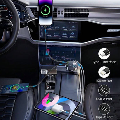 Fast Car Charger 4-in-1 Retractable Cable USB-C & iPhone Multi Device Charging