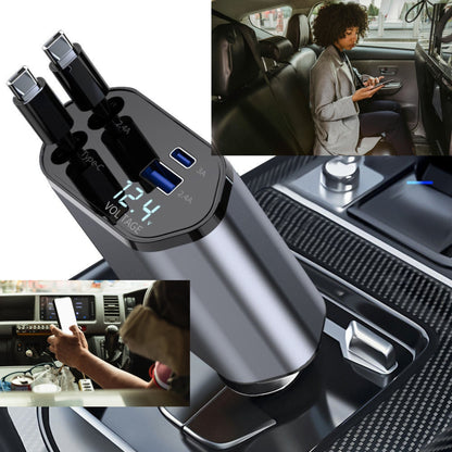 Fast Car Charger 4-in-1 Retractable Cable USB-C & iPhone Multi Device Charging