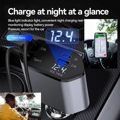 Fast Car Charger 4-in-1 Retractable Cable USB-C & iPhone Multi Device Charging