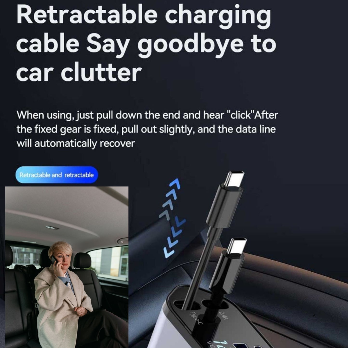 Fast Car Charger 4-in-1 Retractable Cable USB-C & iPhone Multi Device Charging