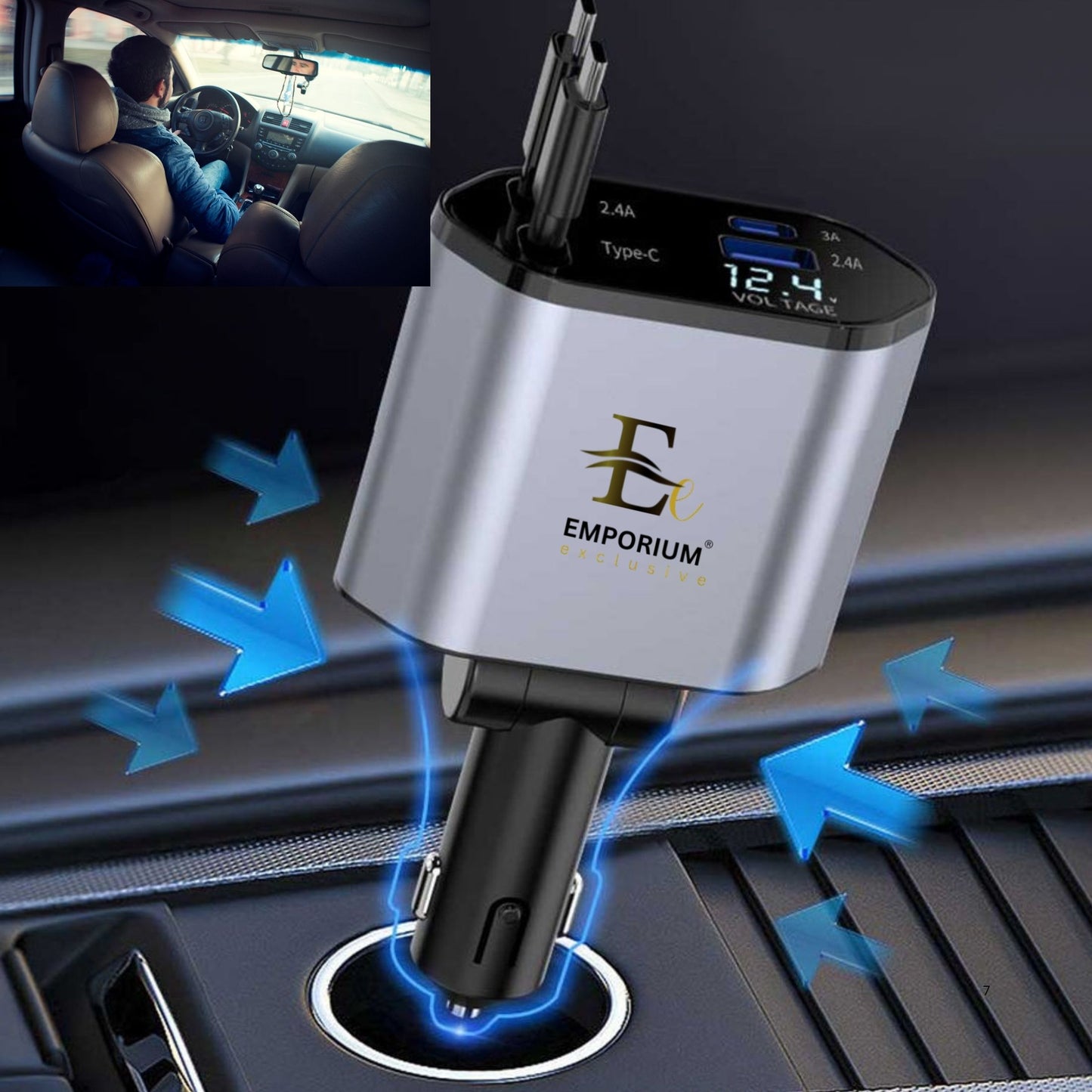 Fast Car Charger 4-in-1 Retractable Cable USB-C & iPhone Multi Device Charging