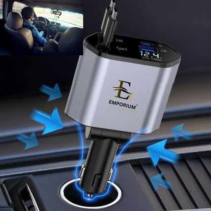 Fast Car Charger 4-in-1 Retractable Cable USB-C & iPhone Multi Device Charging